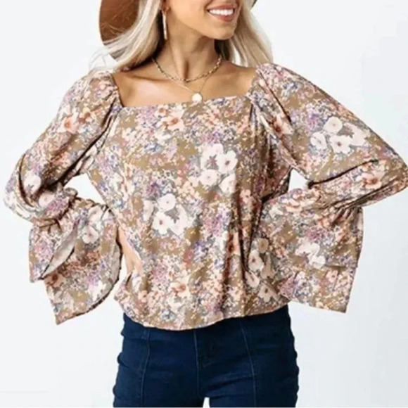 Peach Love Floral Boho Long Bell Sleeve Flowy Blouse Top - Picture 1 of 11